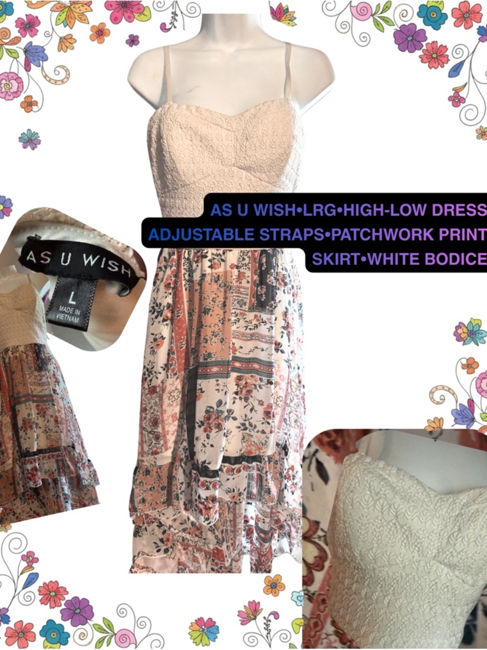As U Wish LARGE dress 👗 White Lace Bodice Dress with patchwork print skirt
